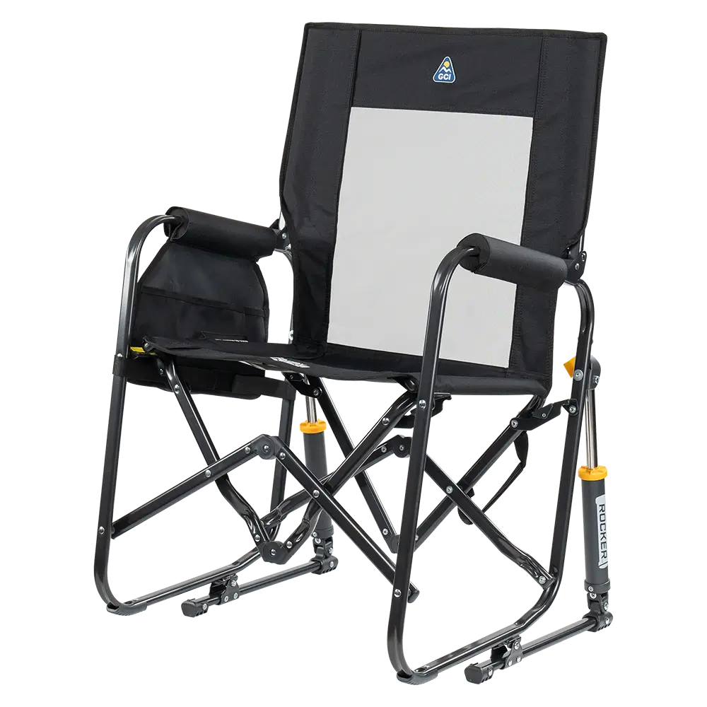 The front left side angle of the Black Stowaway Rocker. 