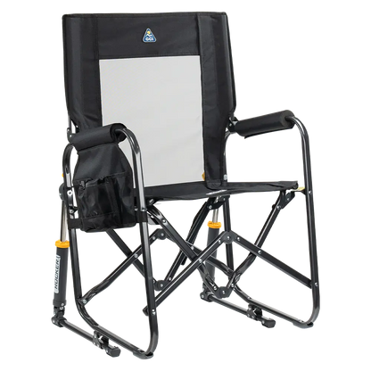 The front right side angle of the Black Stowaway Rocker. 