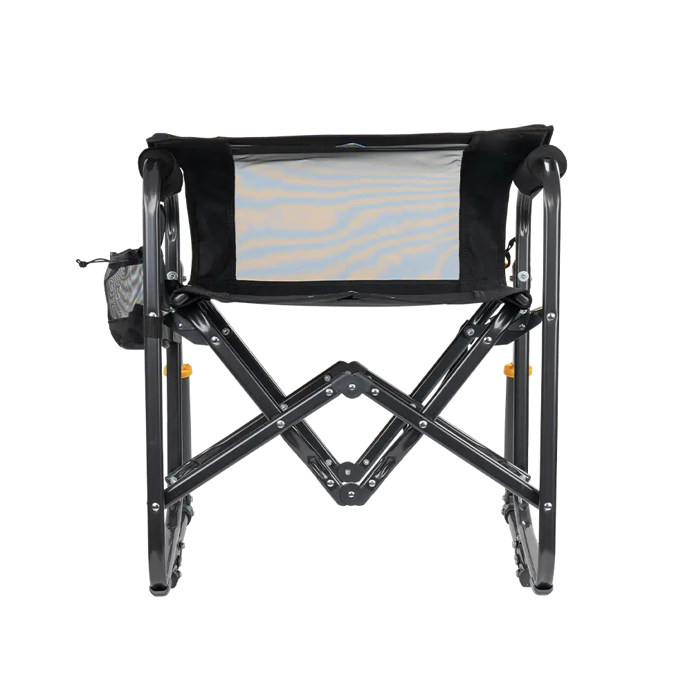 Folded backrest of black stowaway rocker. 
