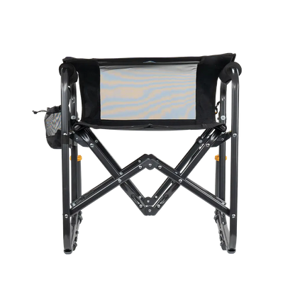 Folded backrest of black stowaway rocker. 