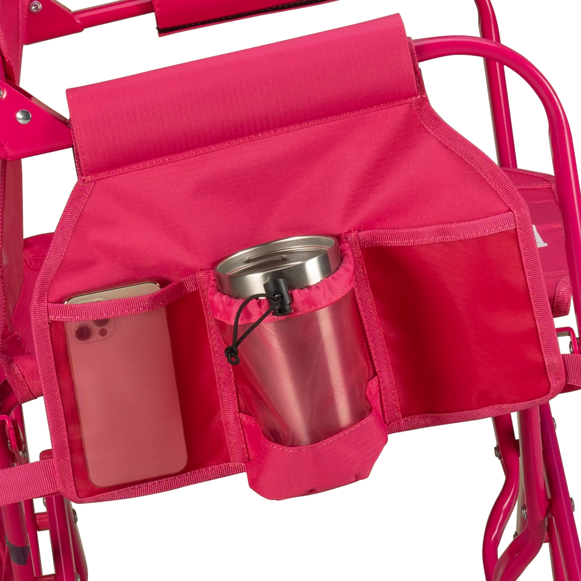 A portable pink rocking chair with a gray seat and armrests, folded and ready for outdoor use - Cup Holder View