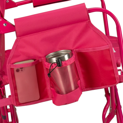 A portable pink rocking chair with a gray seat and armrests, folded and ready for outdoor use - Cup Holder View
