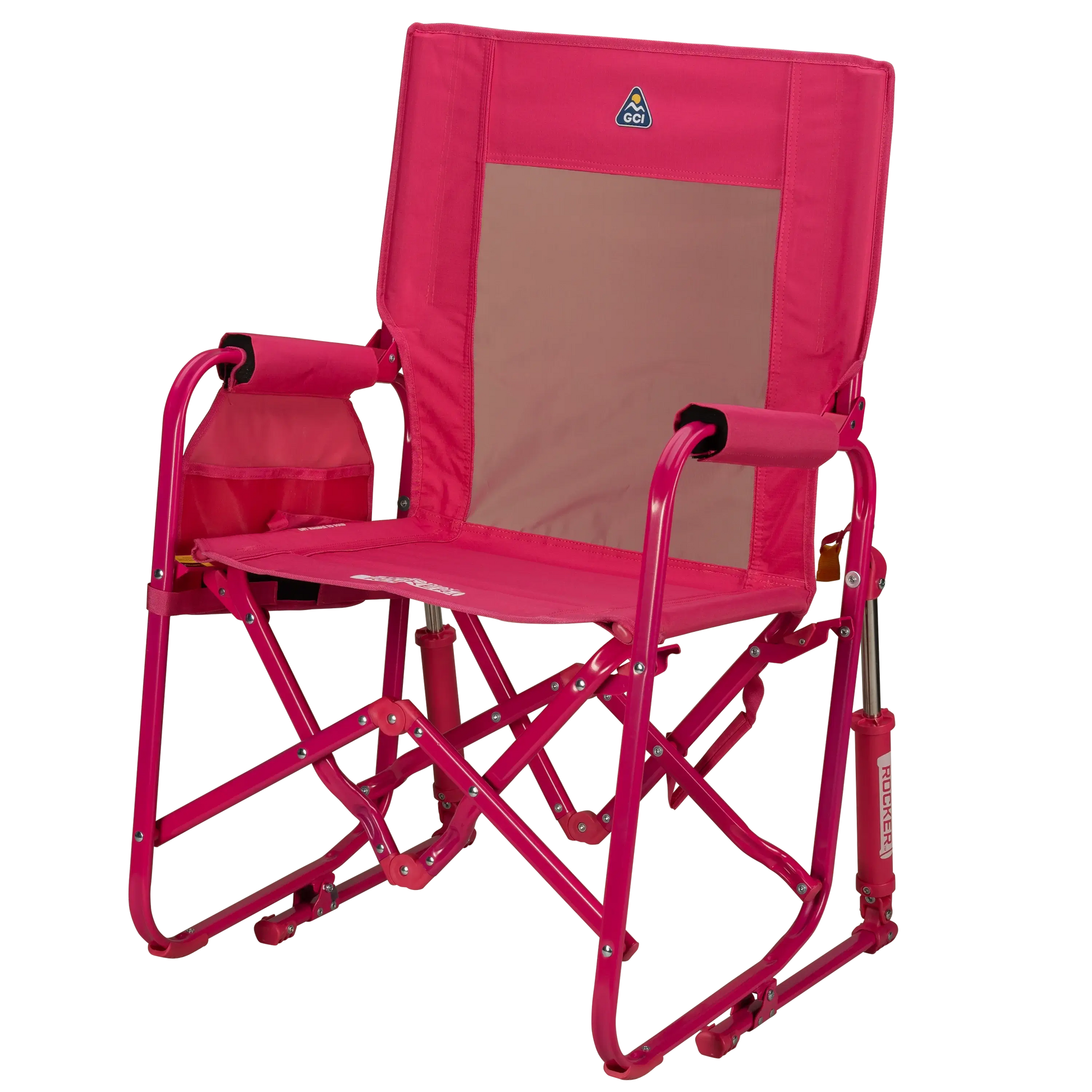 A portable pink rocking chair with a gray seat and armrests, folded and ready for outdoor use - Left View