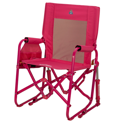 A portable pink rocking chair with a gray seat and armrests, folded and ready for outdoor use - Left View