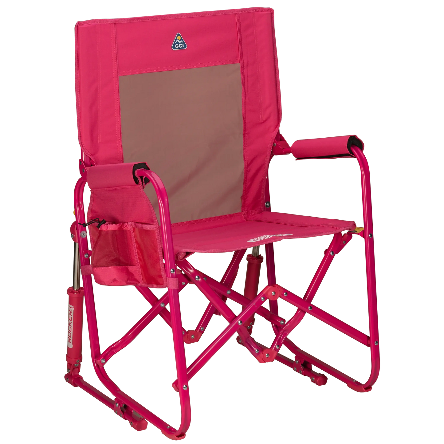 A portable pink rocking chair with a gray seat and armrests, folded and ready for outdoor use.