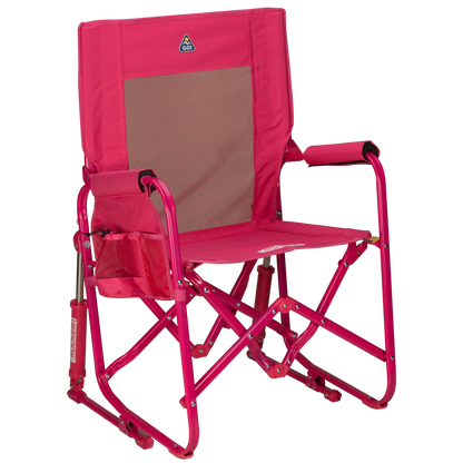 A portable pink rocking chair with a gray seat and armrests, folded and ready for outdoor use.