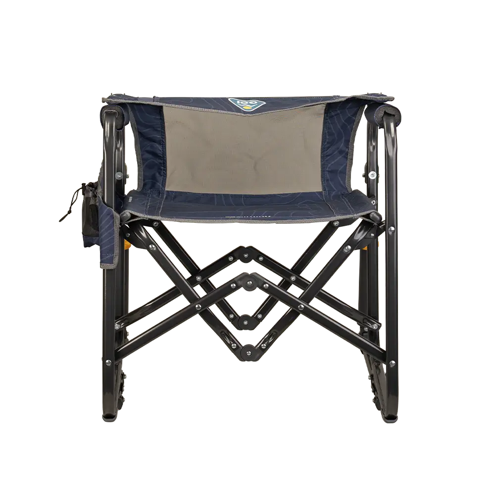 Folded backrest on the navy topo Stowaway Rocker. 