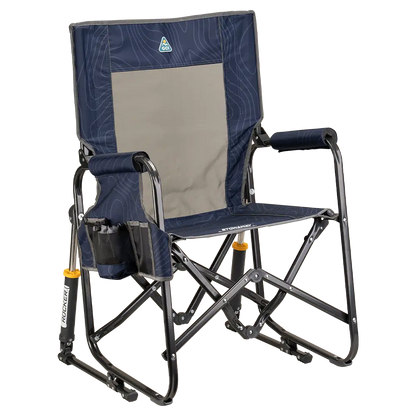 The front right side angle of the Navy Topo Stowaway Rocker. 