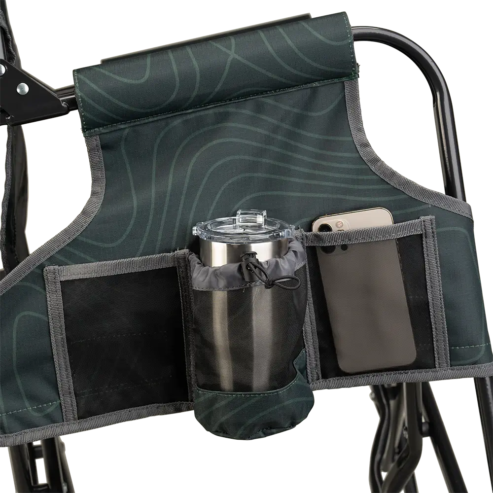 The side caddy of the Hunter Topo Stowaway Rocker showing the phone holder and cup holder. 