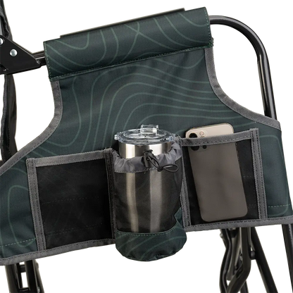 The side caddy of the Hunter Topo Stowaway Rocker showing the phone holder and cup holder. 