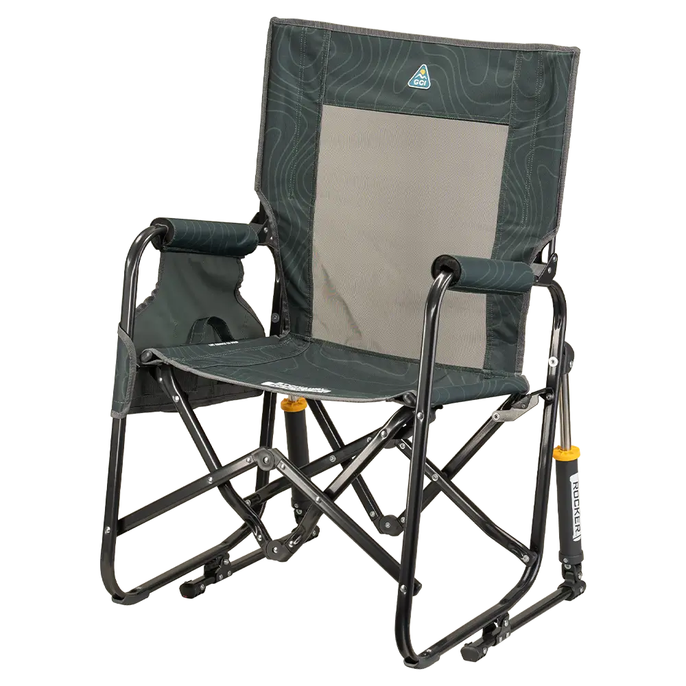 The front left side angle of the Hunter Topo Stowaway Rocker. 