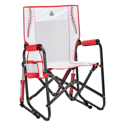 Front right side angle of the Baseball Stowaway Rocker. 