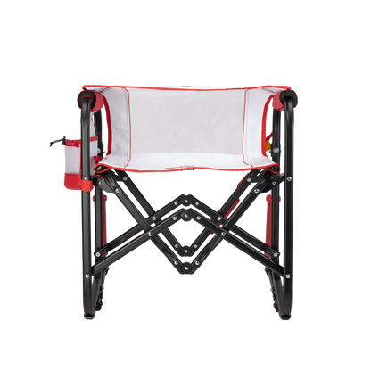 Folded down backrest on the baseball print Stowaway Rocker. 