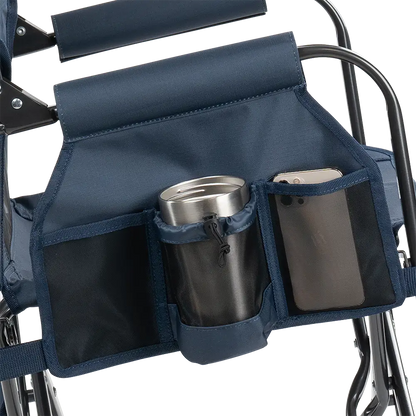 The side caddy of the Denim Stowaway Rocker showing the phone holder and cup holder. 