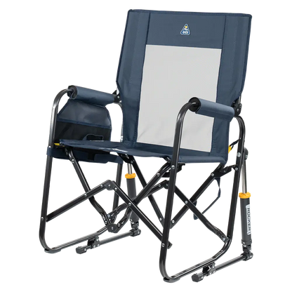 The front left side angle of the Denim Stowaway Rocker. 