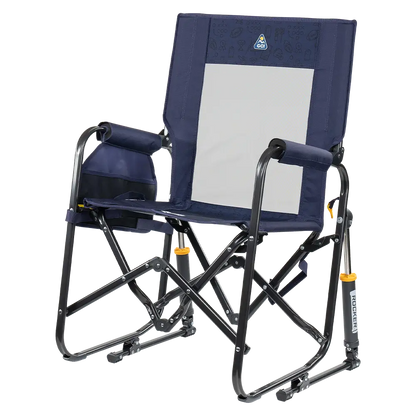 The front left side angle of the Tailgater Rich Blue Stowaway Rocker. 