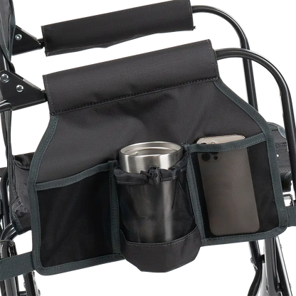 The side caddy of the Tailgater Dark Charcoal Stowaway Rocker showing the phone holder and cup holder. 