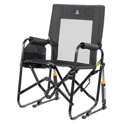 The front left side angle of the Tailgater Dark Charcoal Stowaway Rocker. 
