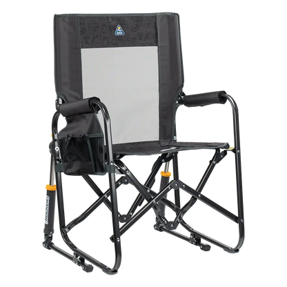 The front right side angle of the Tailgater Dark Charcoal Stowaway Rocker. 