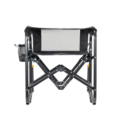 Folded backrest on the tailgater dark charcoal Stowaway Rocker. 