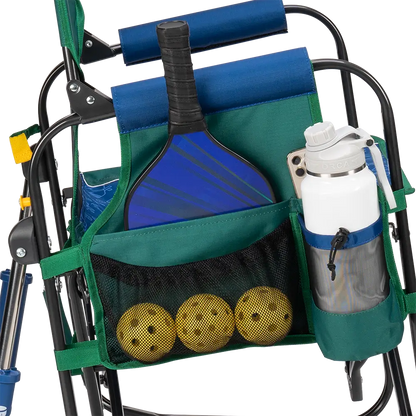 The side caddy of the Pickleball Stowaway Rocker showing the phone holder and cup holder. 