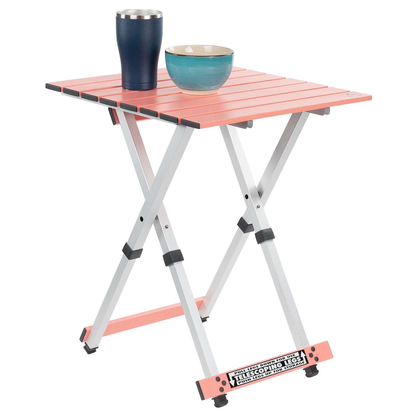 Compact Camp Table 20, Coral, Front Side Angle with Props