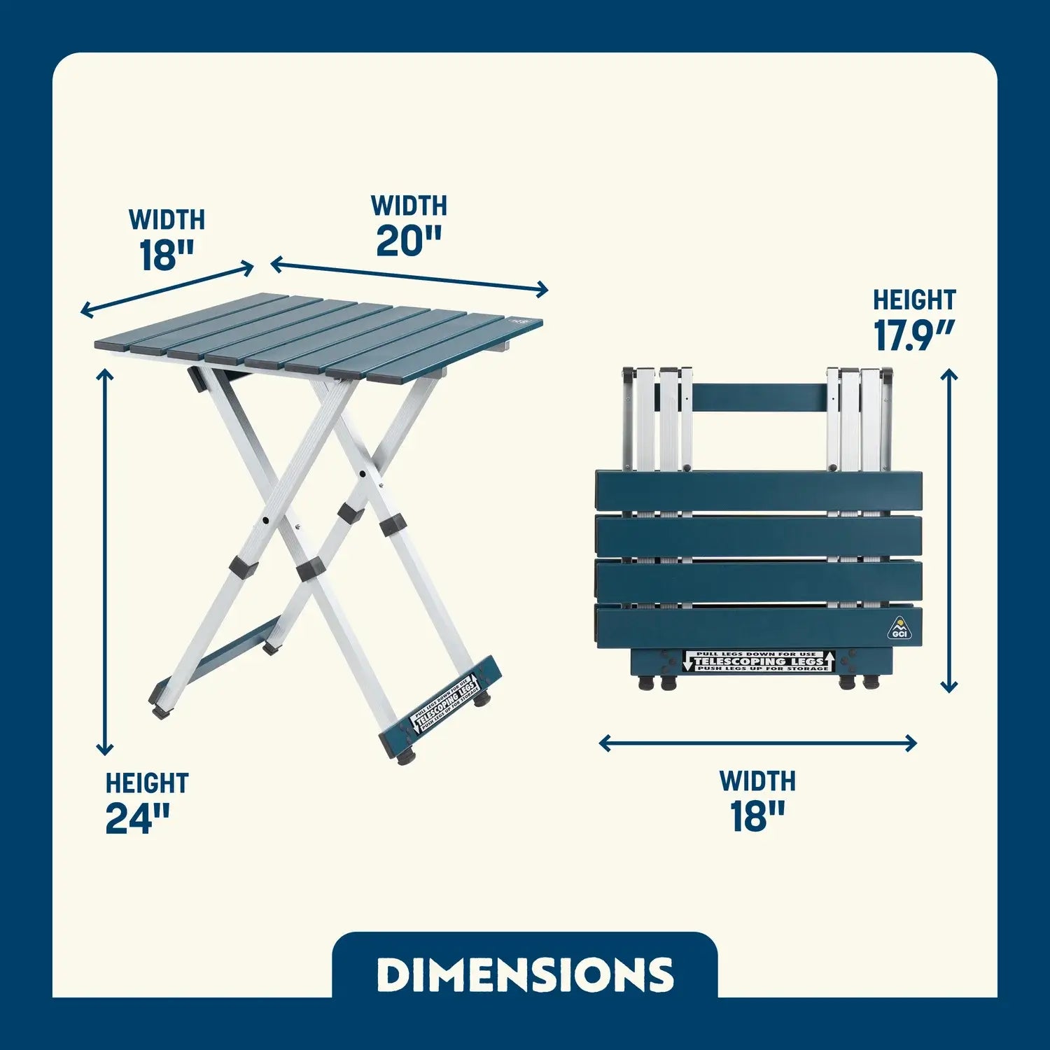 Dimension overview of the Compact Camp Table shown open and folded, with labeled height, width, and depth for both positions.