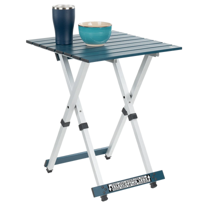 Compact Camp Table 20, Teal, Front Side Angle with Props