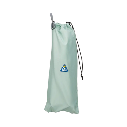 A pastel green sunshade accessory inside a storage bag. 