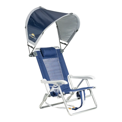 A indigo sunshade accessory attached to a backpack beach chair. 