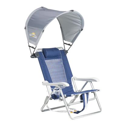 A mercury sunshade accessory attached to a backpack beach chair. 