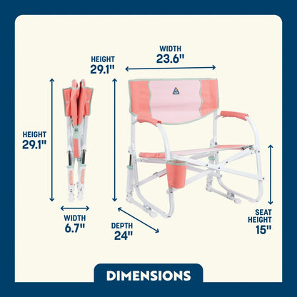 Grab & Go Rocker in Coral shown open and folded, with seat height, width, depth, and total height labeled.