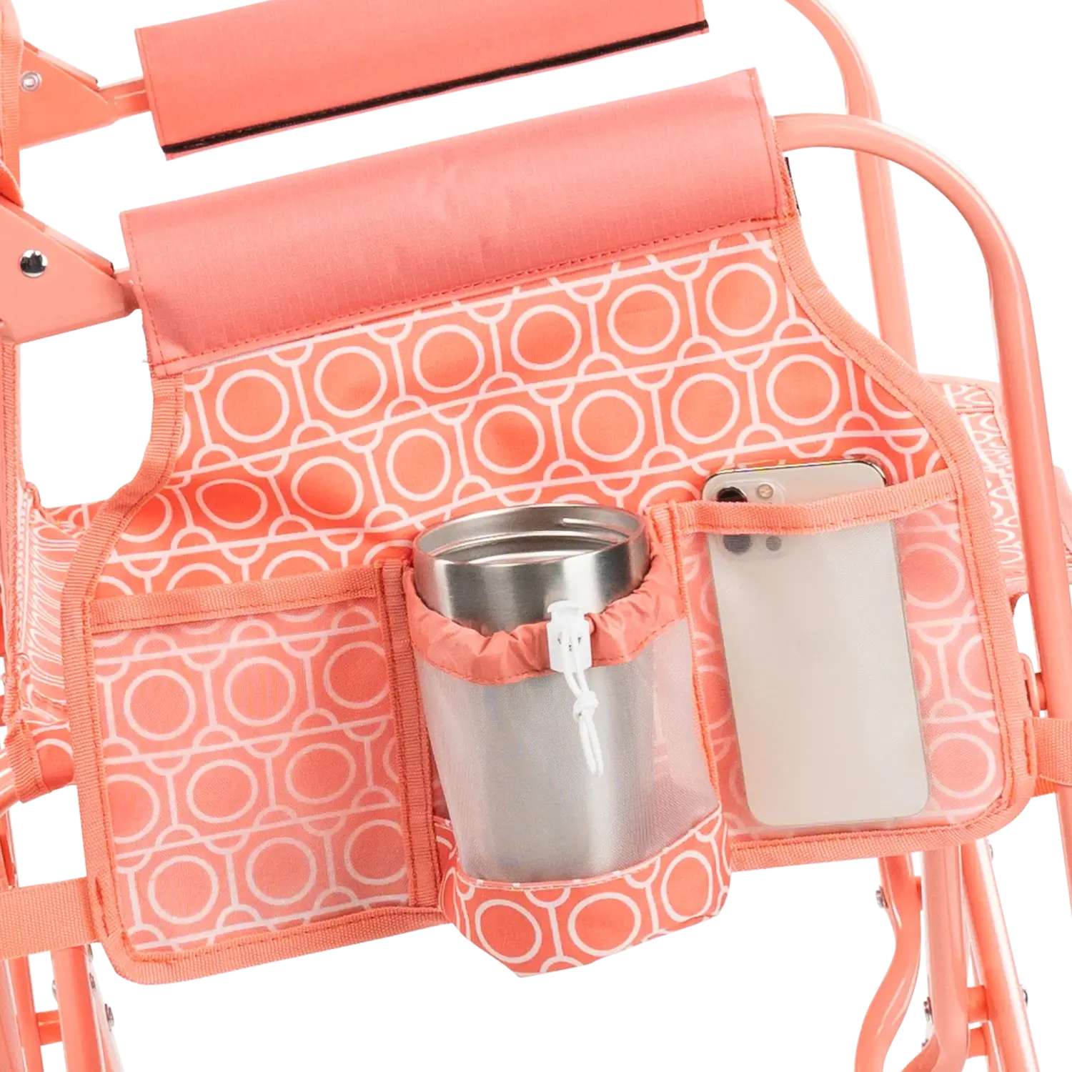 The side caddy of the Coral Mosaic Stowaway Rocker showing the phone holder and cup holder. 