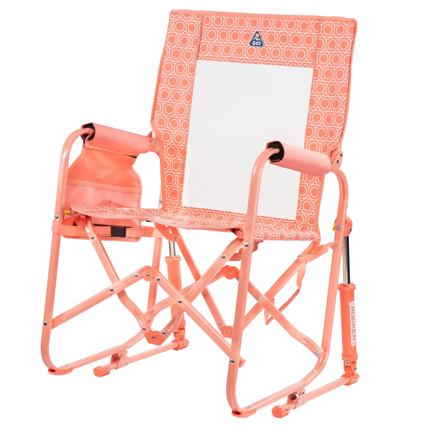 The front left side angle of the Coral Mosaic Stowaway Rocker.