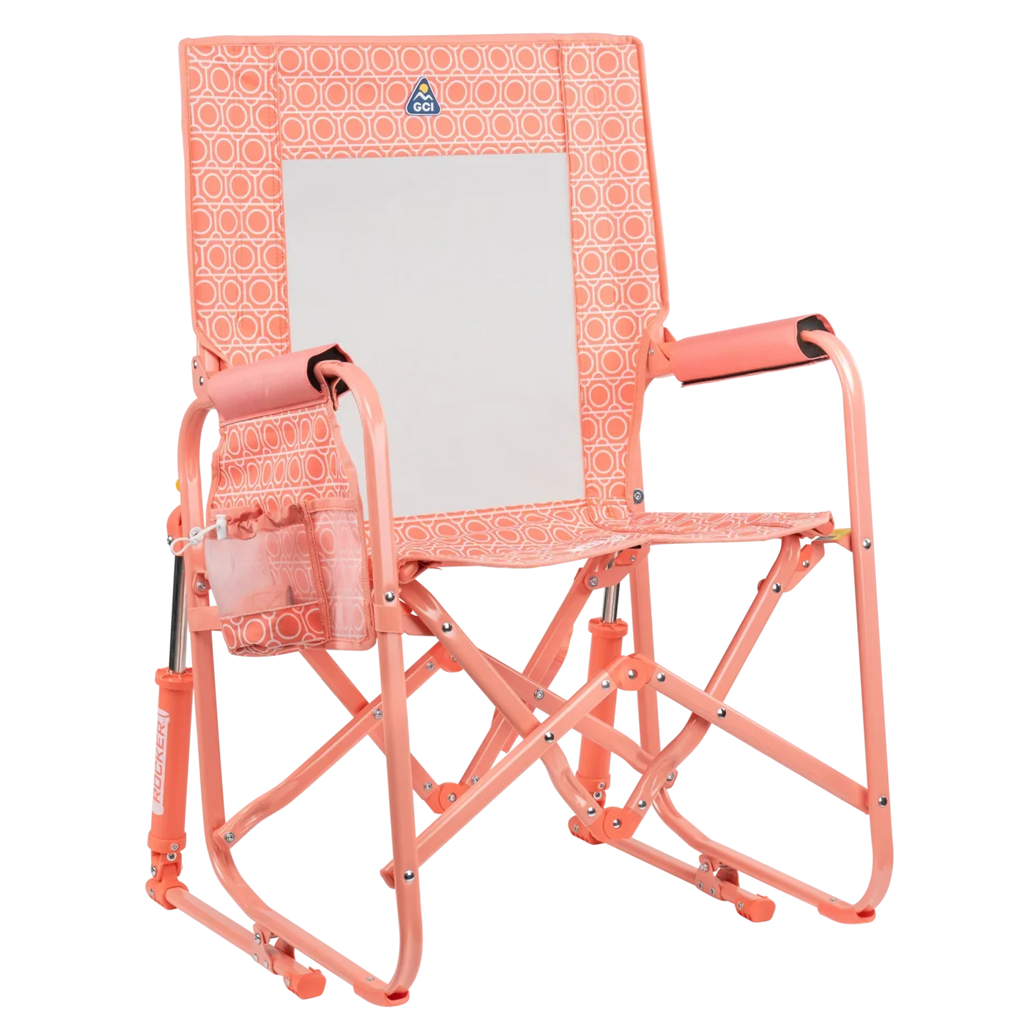 The front right side angle of the Coral Mosaic Stowaway Rocker.