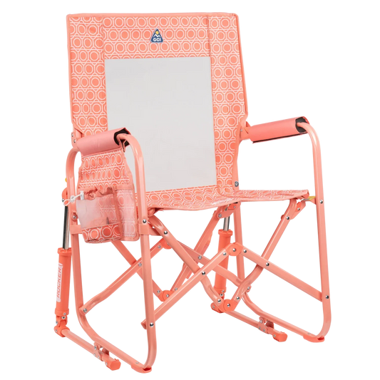 The front right side angle of the Coral Mosaic Stowaway Rocker.