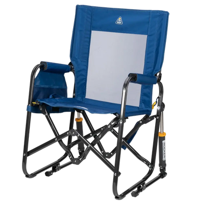 The front left side angle of the Soft Navy Stowaway Rocker. 