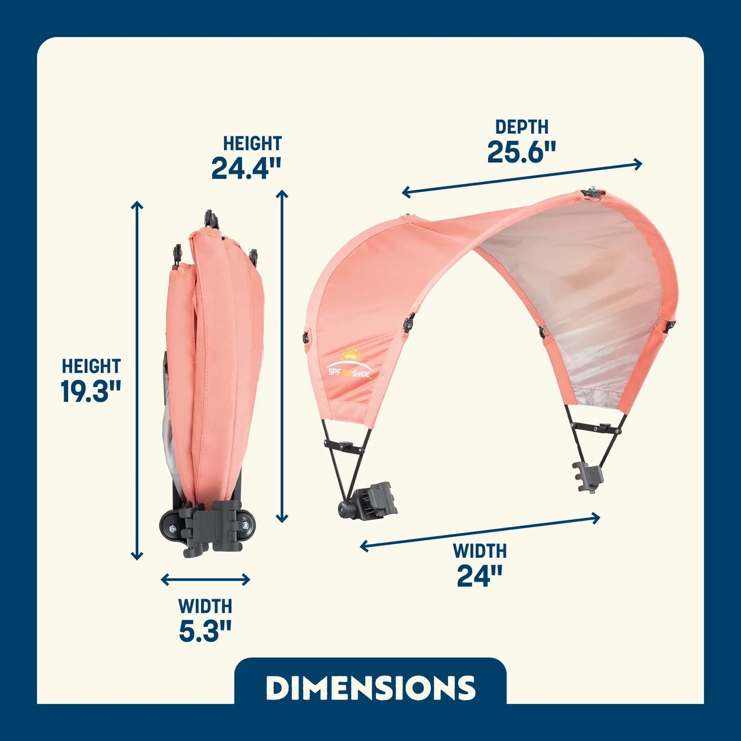 Dimension overview of the coral Sunshade Accessory folded and unfolded. 