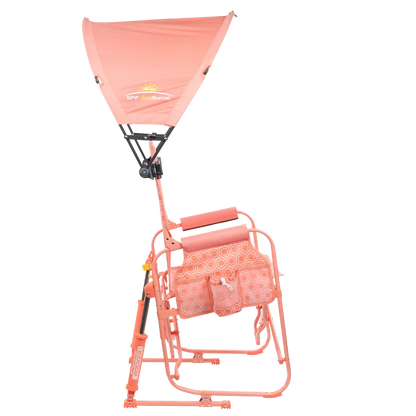 Side angle of the coral Sunshade Accessory attached to a Coral Stowaway Rocker. 