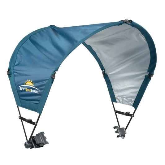 The teal Sunshade Accessory unfolded and positioned at a right angle.