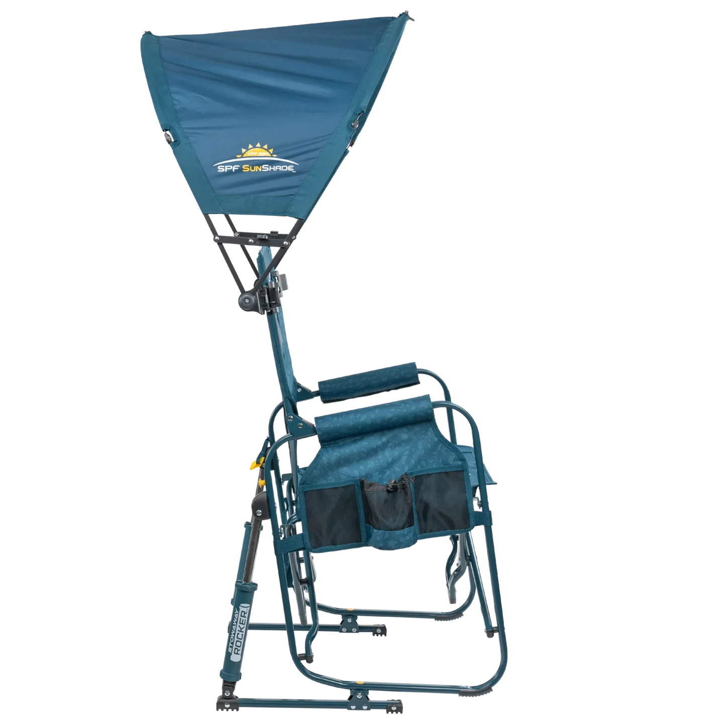 Side angle of the teal Sunshade Accessory attached to a Stowaway Rocker.