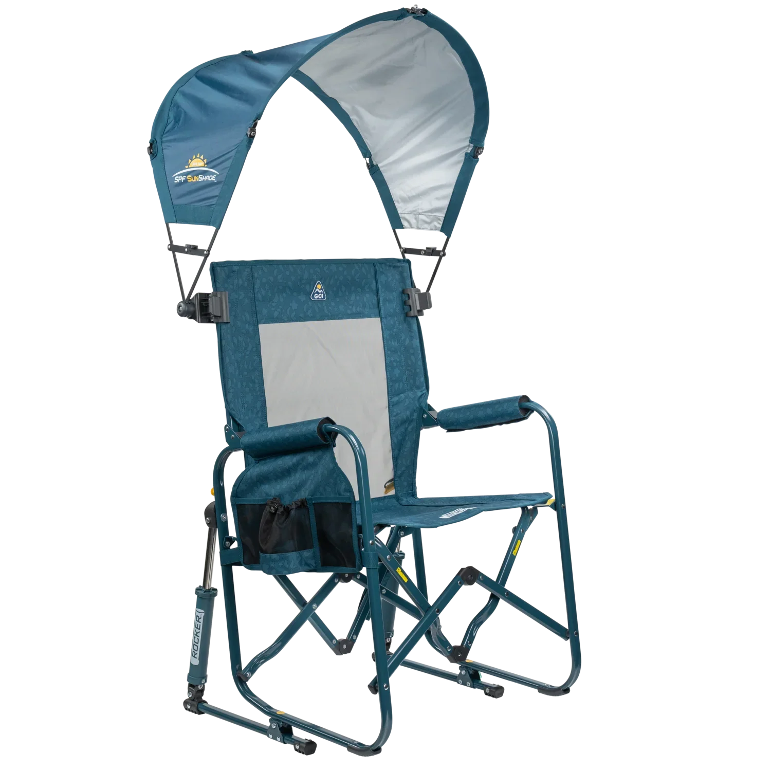 Front right angle of the teal Sunshade Accessory attached to a Stowaway Rocker.